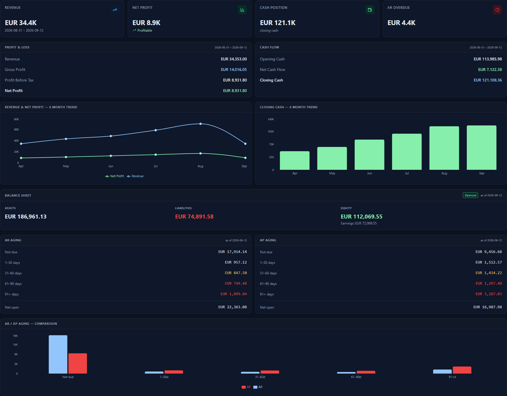 Gruvero Demo executive dashboard showing revenue, profit, cash flow, balance sheet and receivables and payables aging.