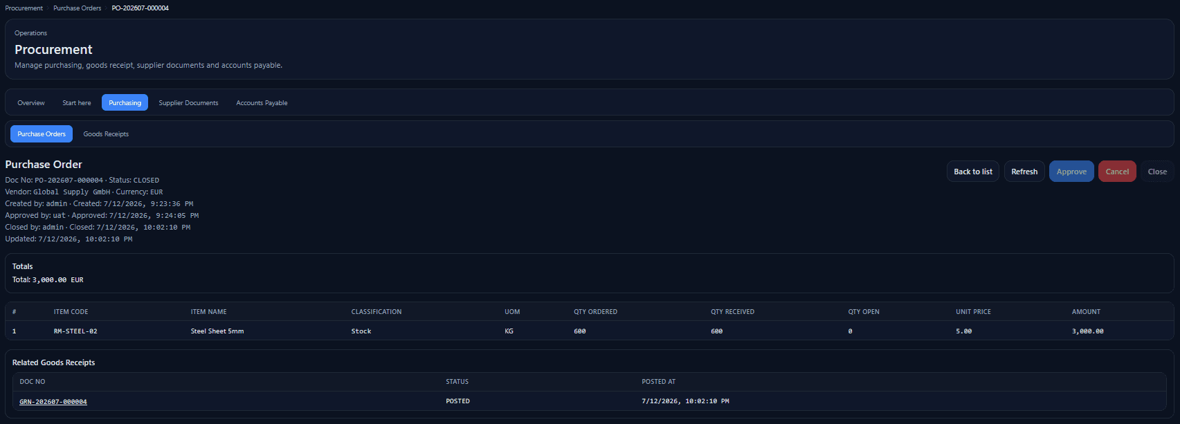 Gruvero ERP purchase order showing ordered quantity, received quantity, open quantity and the related posted goods receipt.