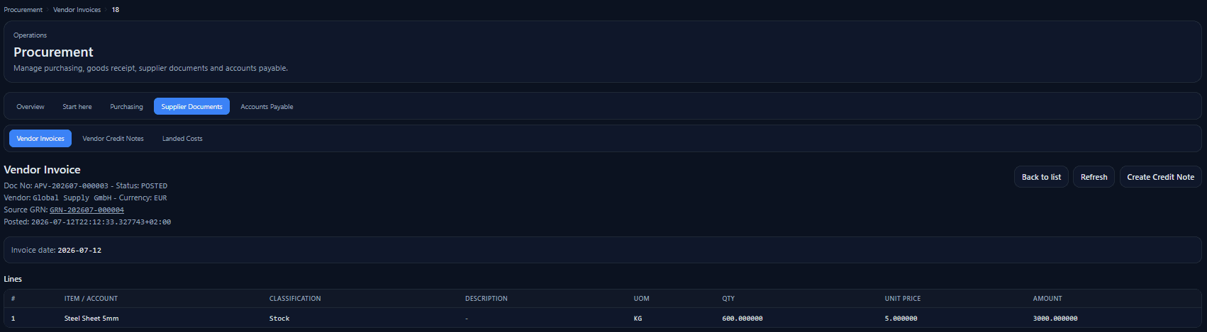 Gruvero ERP vendor invoice showing posted status, supplier, source goods receipt, quantity, unit price and invoice amount.